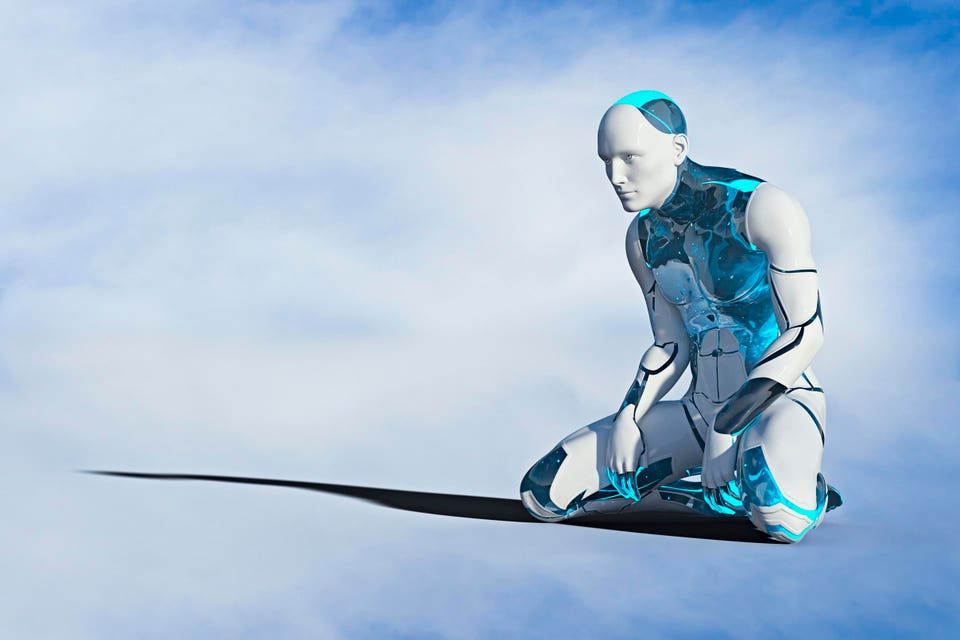 White humanoid robot with glowing blue accents kneeling against a light blue, cloudy sky.