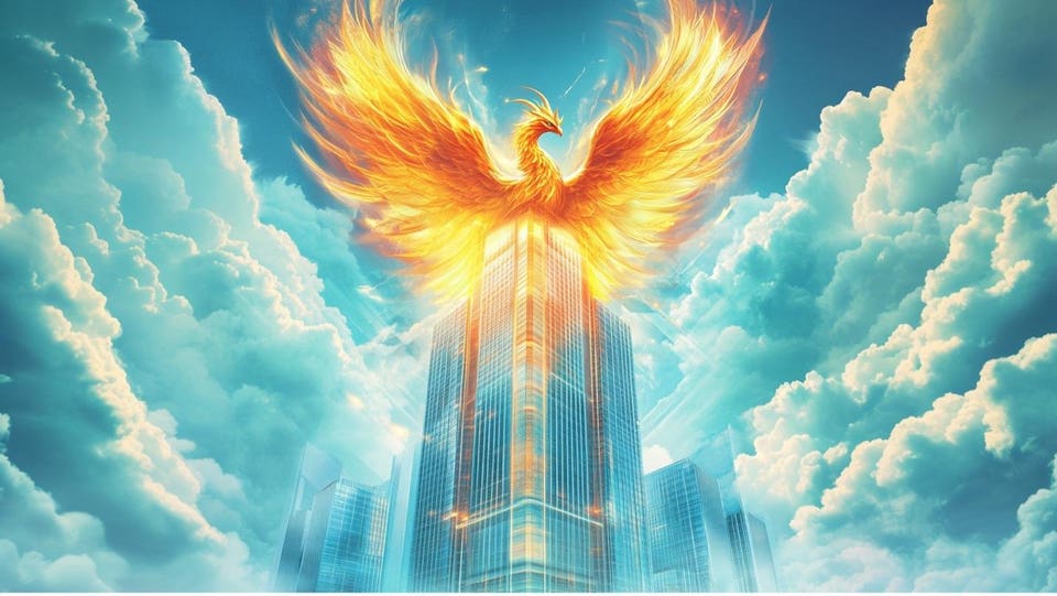 Fiery orange phoenix with outstretched wings hovering above a tall, glowing skyscraper, set against a bright blue sky with white clouds.