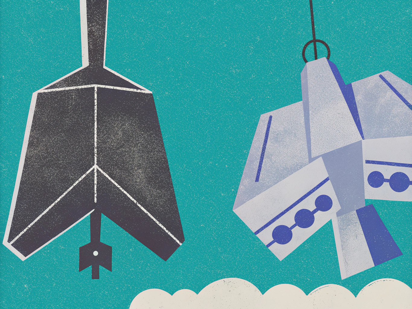 An abstract illustration featuring a dark grey airplane seen from below, and a light grey and purple geometric object hanging from above, against a speckled teal background with a white cloud.