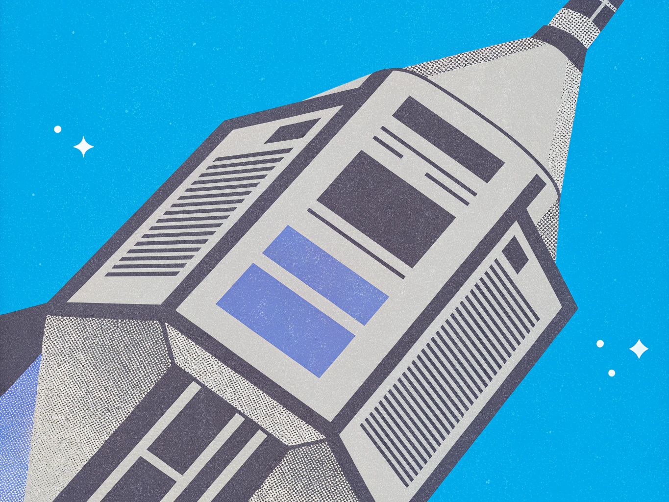 Stylized illustration of a gray rocket with dark gray and light blue graphic patterns, angled against a textured blue sky with faint white stars.