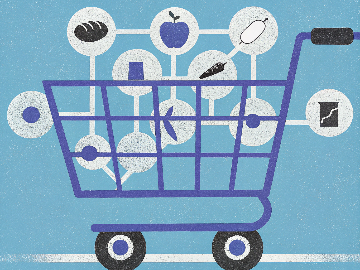 Stylized purple shopping cart with interconnected white circles containing icons of food items like bread, an apple, and vegetables.