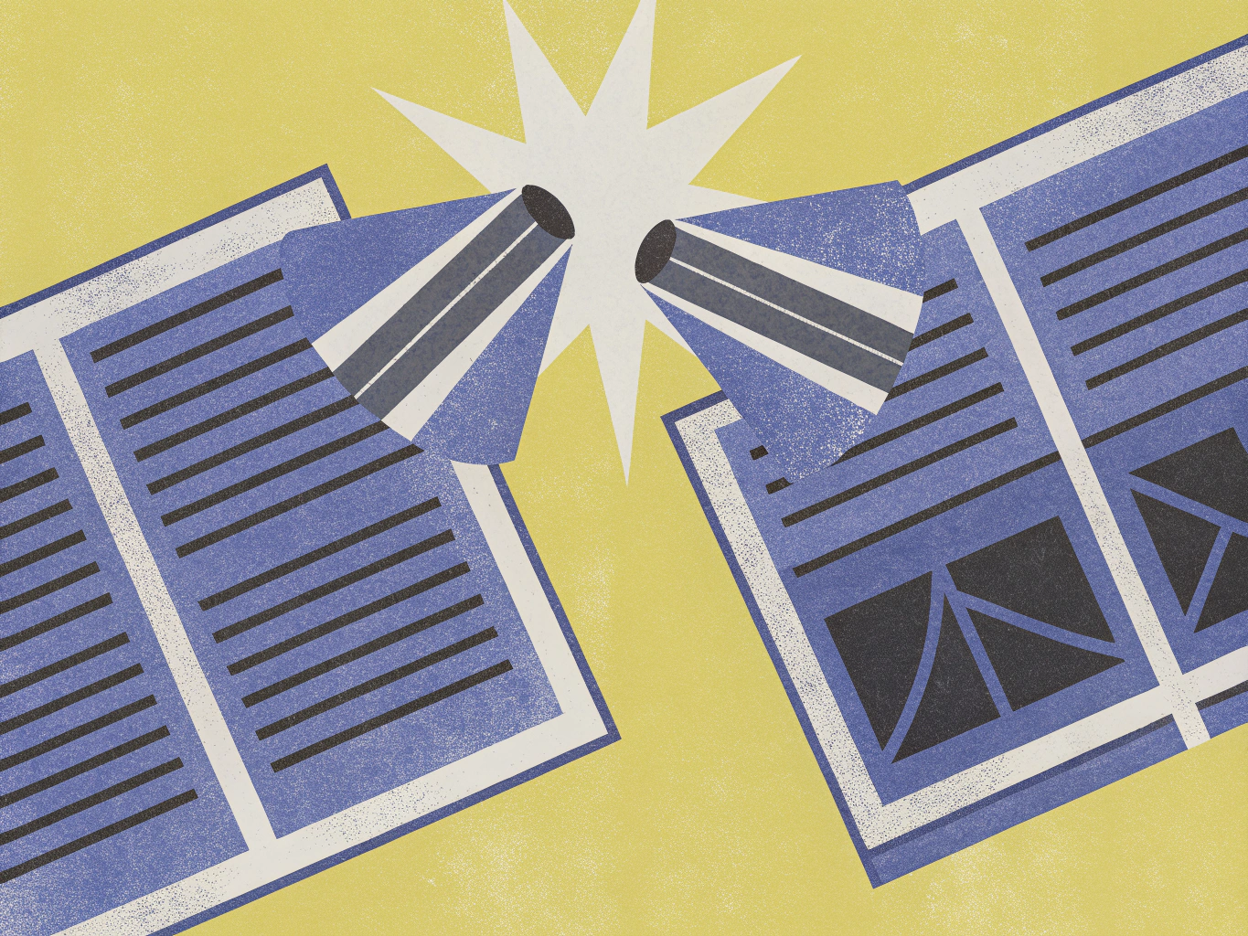 Two open books, each with a megaphone projecting light rays towards a central bright starburst.