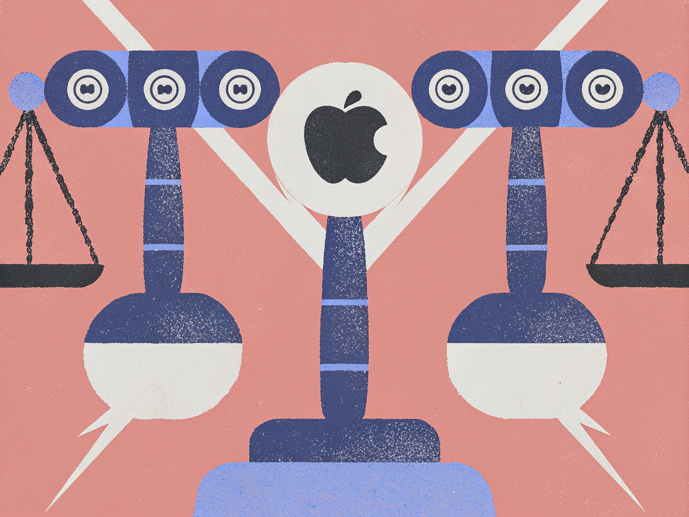 "Stylized illustration of an Apple logo flanked by two structures resembling scales of justice. Each structure features three camera lenses, a speech bubble-shaped base, and a traditional weighing pan."