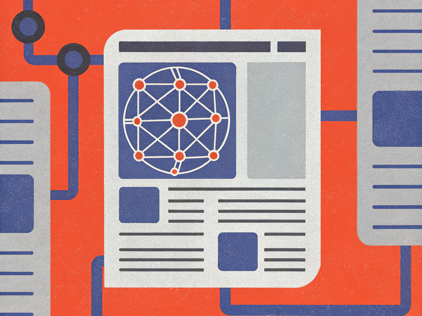 Stylized interface showing a central document with a circular network graph, interconnected with other modules by blue lines on an orange background.