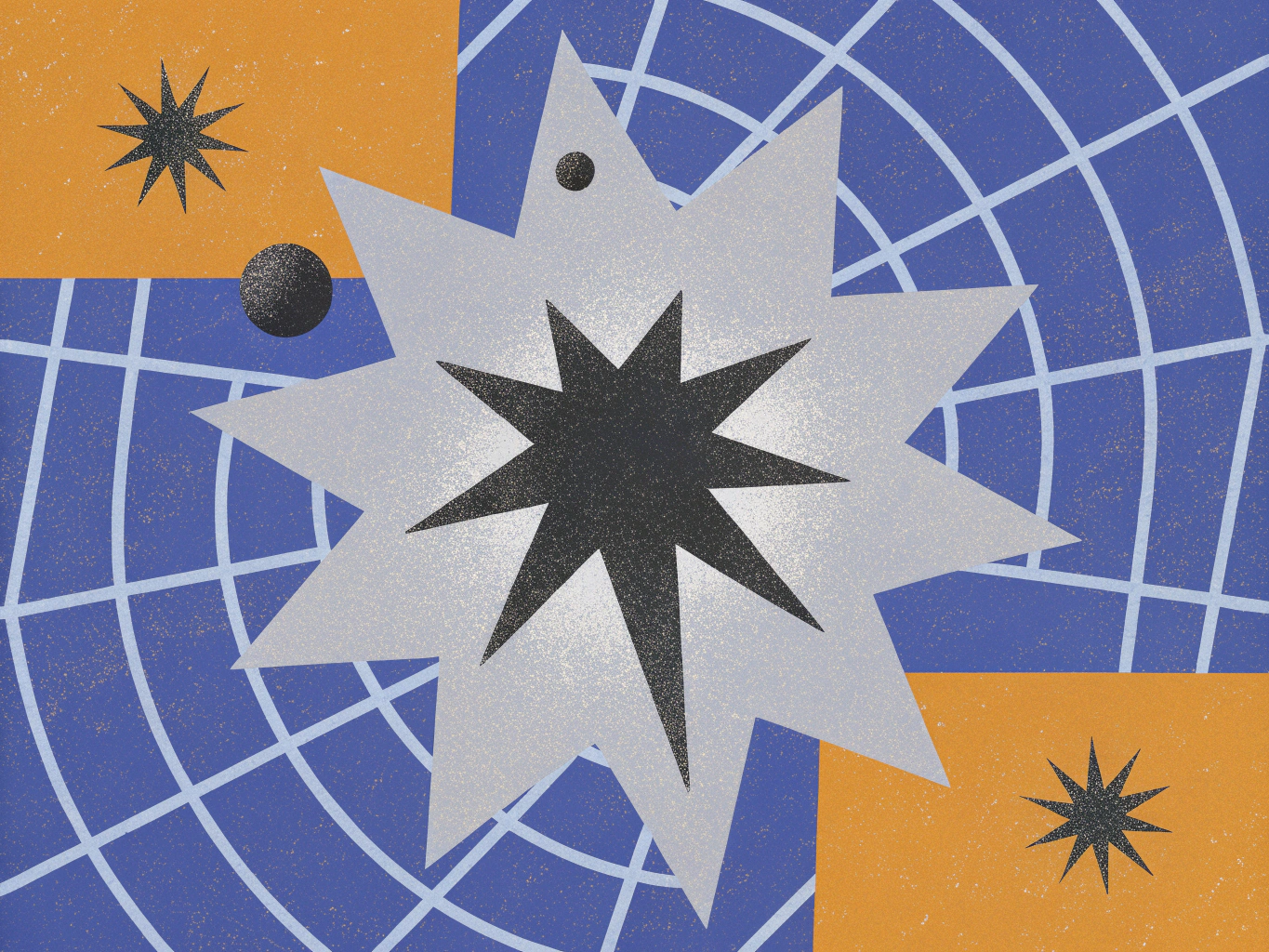 Abstract illustration featuring a large light grey starburst with a dark grey star at its center. The background combines blue areas with a white grid pattern and orange blocks, along with smaller dark grey stars and circles.