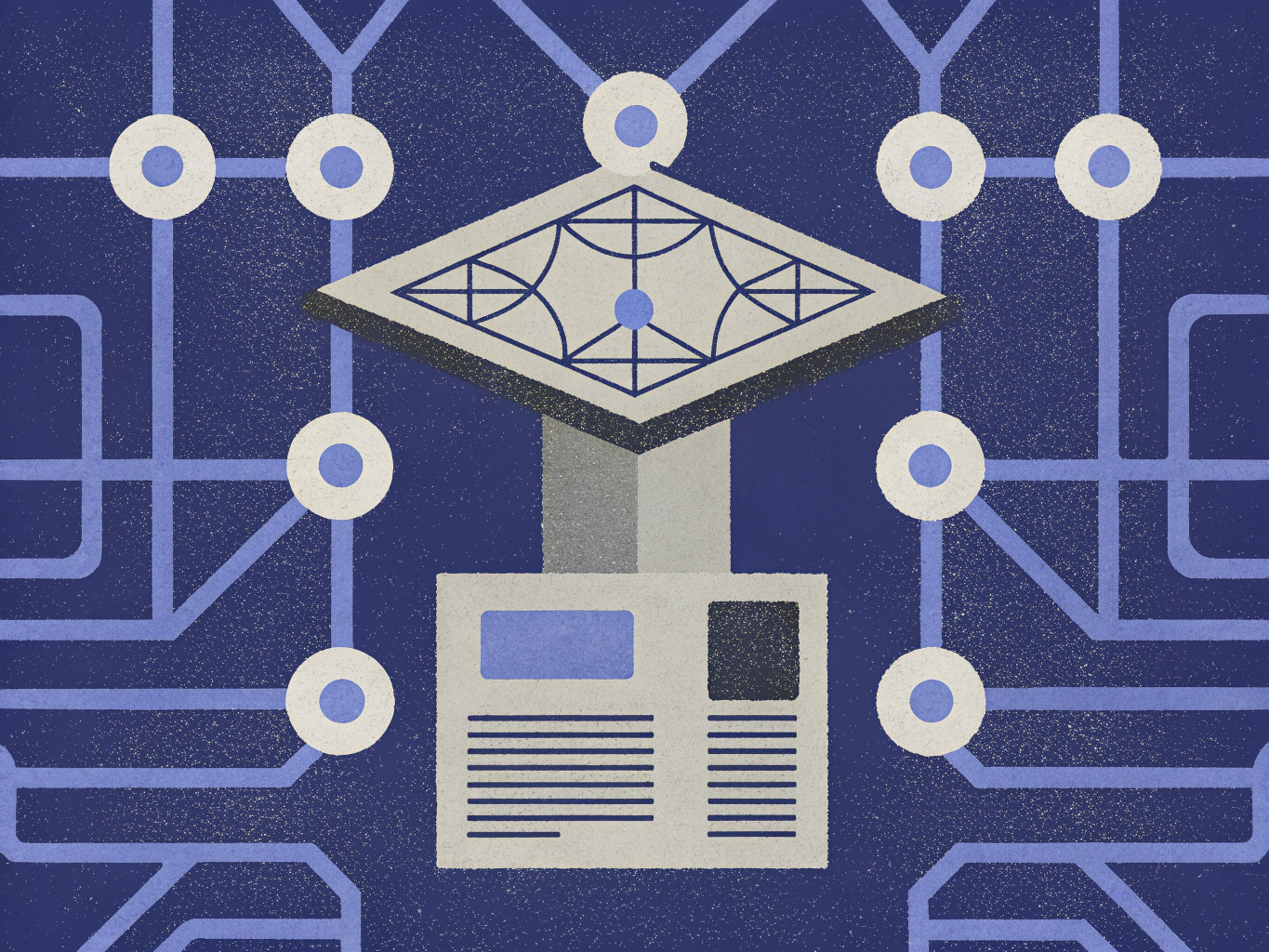 Stylized illustration of a data network. A central server-like structure with a patterned, geometric top and a document display at its base is connected by light blue lines to circular nodes on a dark blue background.