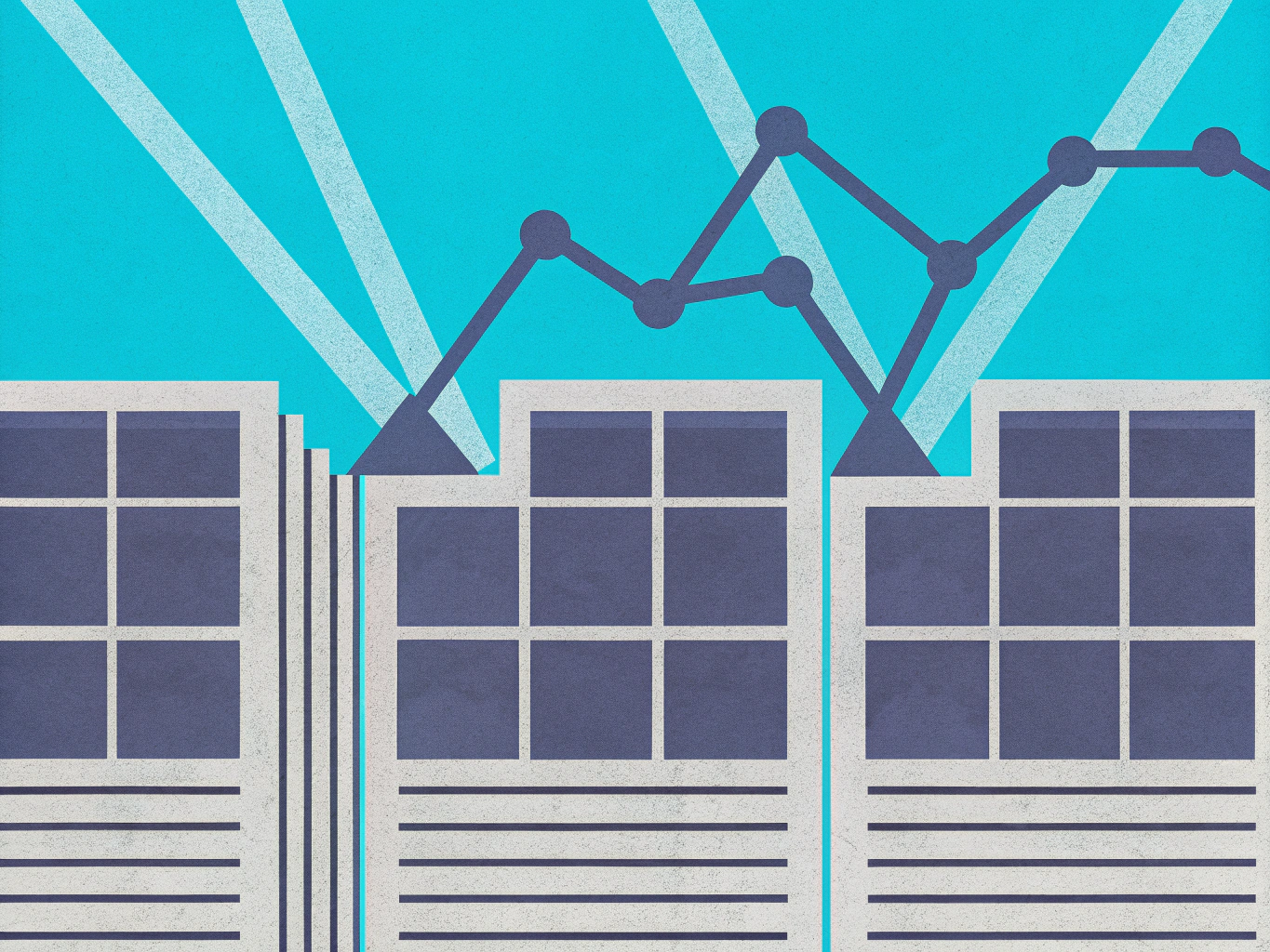 "Stylized graphic of a fluctuating line graph superimposed over three gray building-like structures with windows and horizontal lines, against a teal background with light rays."