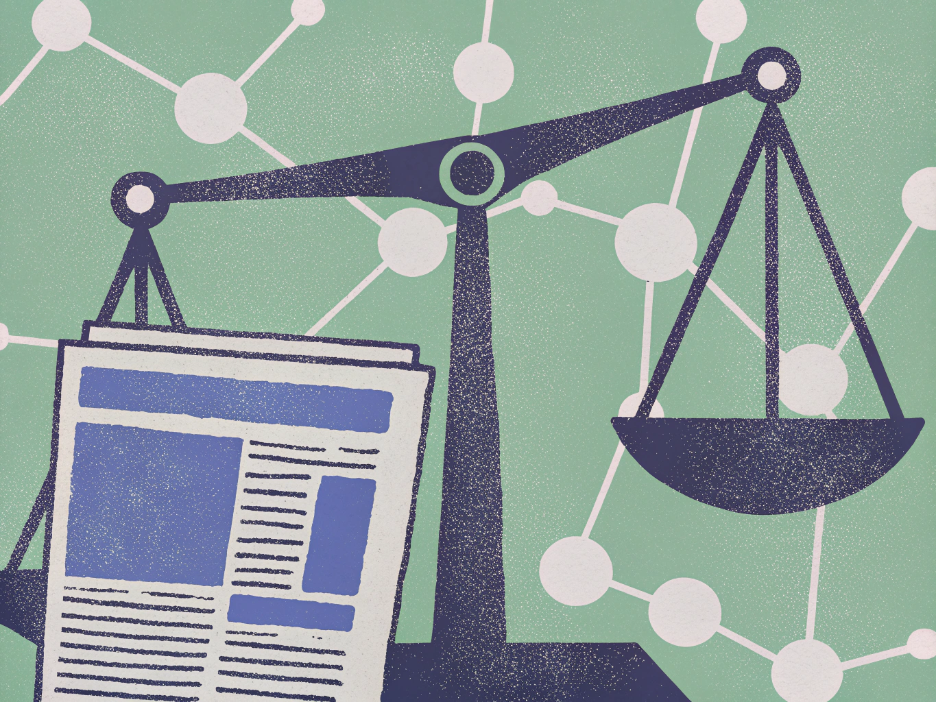 Scale of justice with a stack of newspapers on the left pan and an empty right pan, set against a background of interconnected white circles.