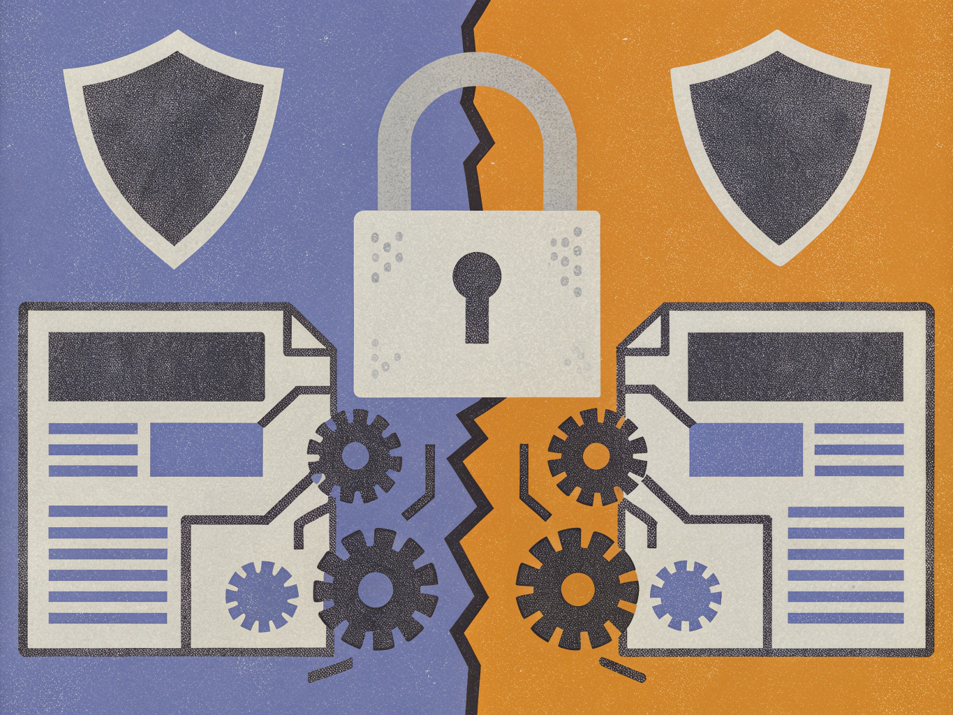 Broken padlock splitting a blue and orange background, with shields, documents, and gears on each side, illustrating a data security breach.