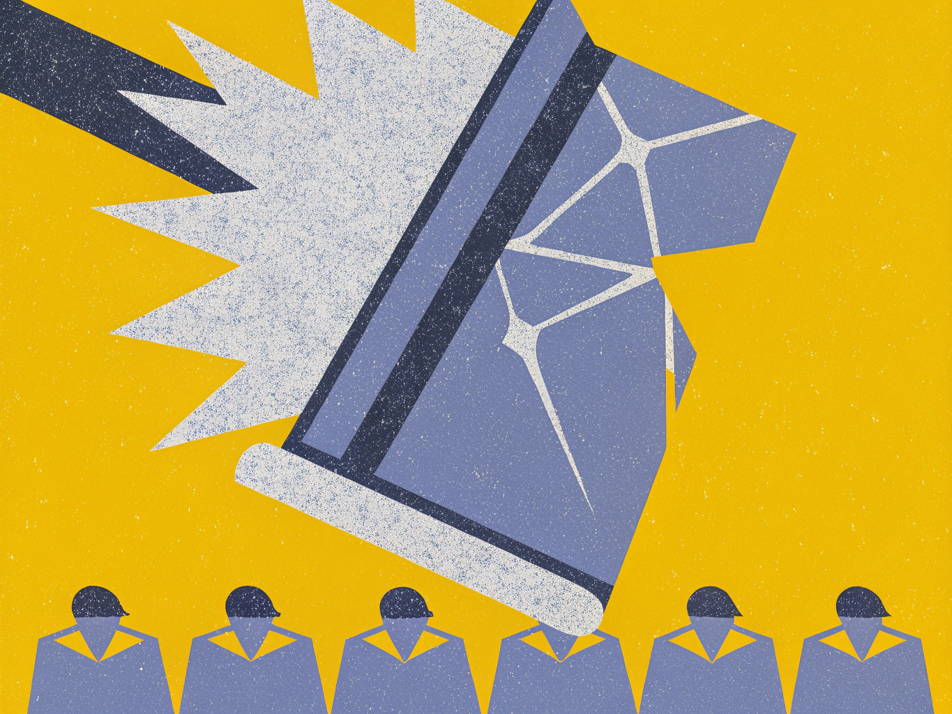 Stylized illustration of a large, fractured blue credit card or block crashing down onto a line of small, uniformed figures.