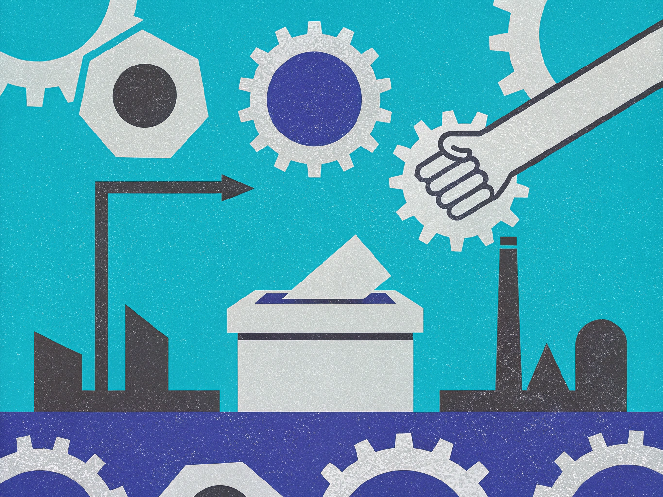 Illustration of a ballot being cast into a ballot box, surrounded by an industrial mechanism of gears and factory silhouettes. A hand holds a large gear, and an arrow points towards the ballot box.