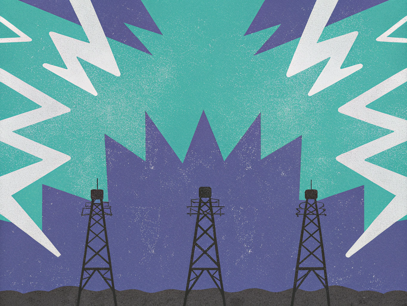 Three dark industrial towers against a background of jagged purple and teal shapes with white lightning bolts.