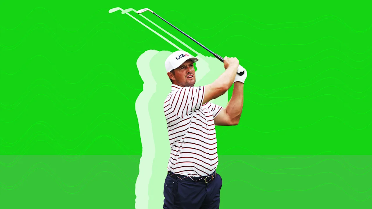 Male golfer in a white USA cap and striped shirt, mid-golf swing with a motion trail effect, on a green background.