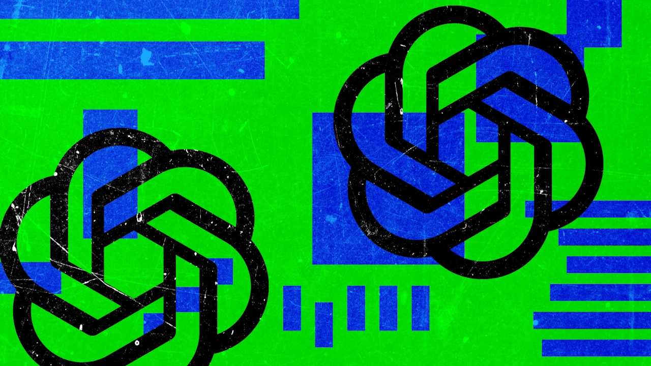 Two black stylized interlocking knot logos on a distressed green background with blue rectangular shapes and bars.