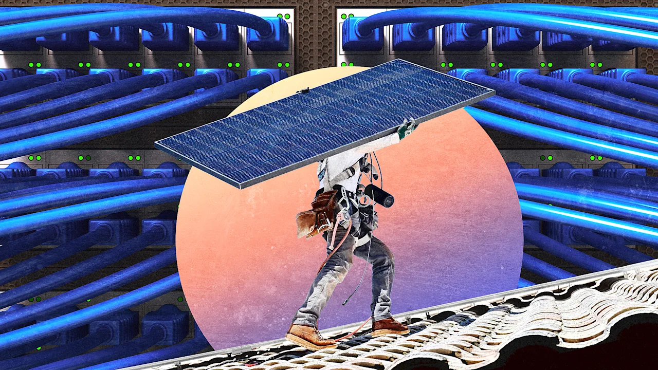 A worker carrying a solar panel on a tiled roof, set against a background of server racks filled with blue network cables.