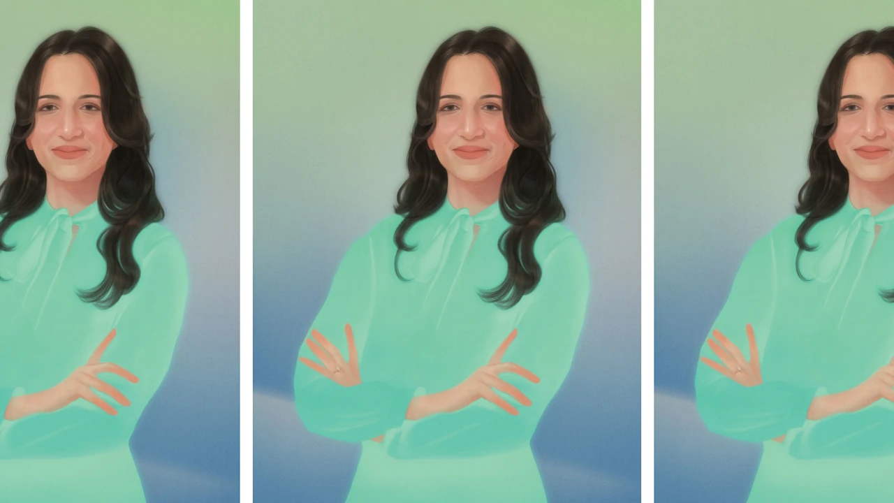 Three identical illustrations of a smiling woman with dark wavy hair, wearing a mint green blouse with a bow neckline and crossed arms, against a soft green and blue gradient background.