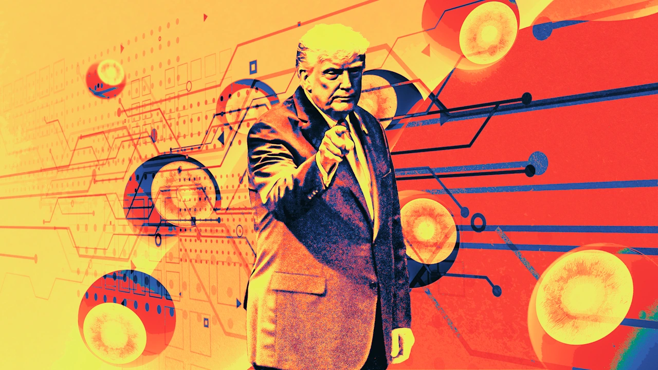 Donald Trump, in a suit, pointing forward against a stylized digital background of orange and red circuit lines and glowing circular elements.