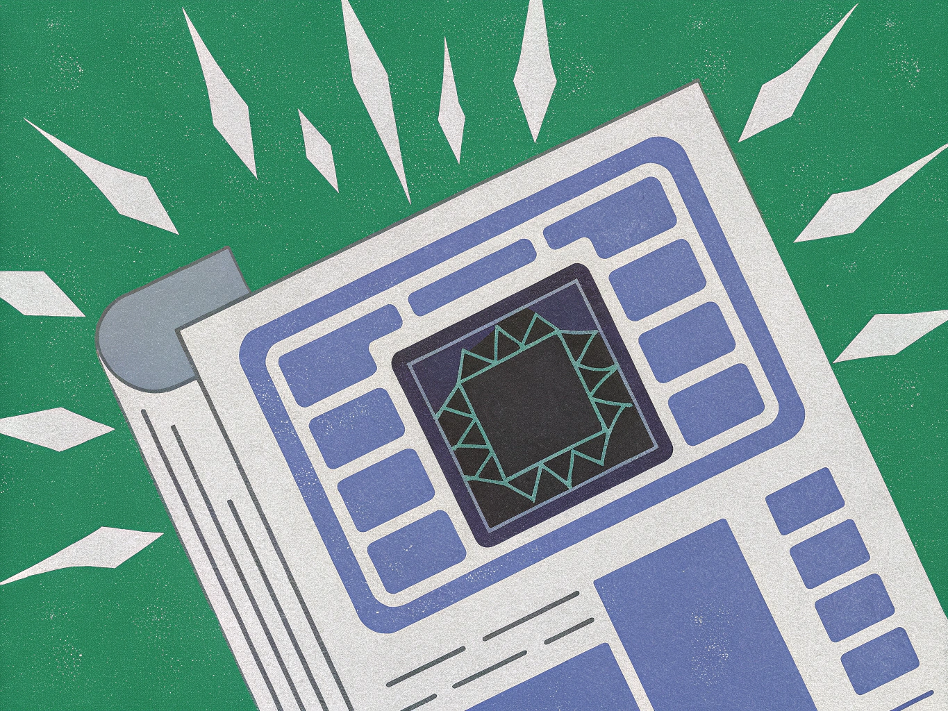Stylized illustration of an open document displaying a glowing microchip design, with light radiating outwards on a green background.
