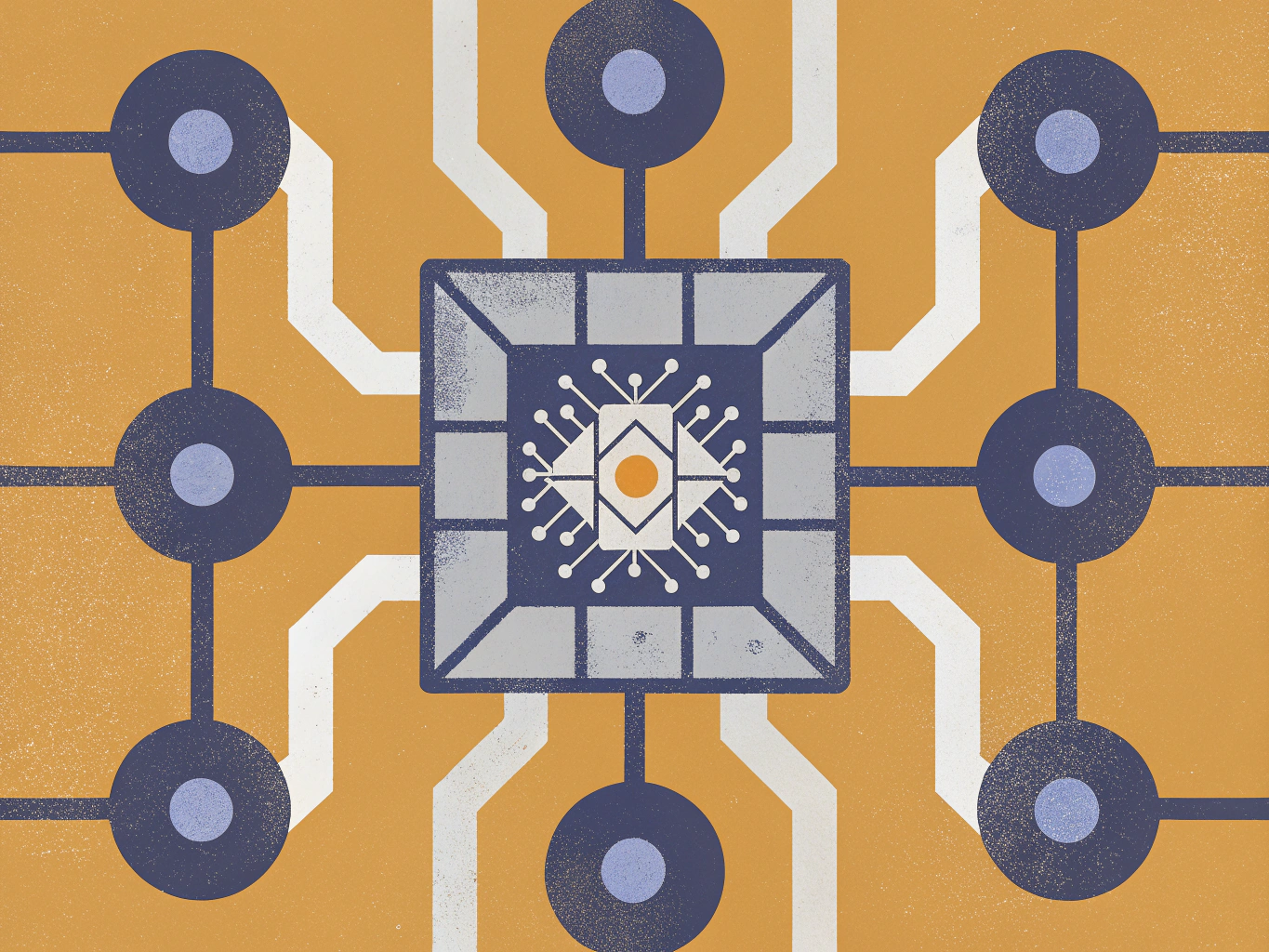 Stylized diagram of a central microchip connected to several nodes by circuit pathways on an orange background.