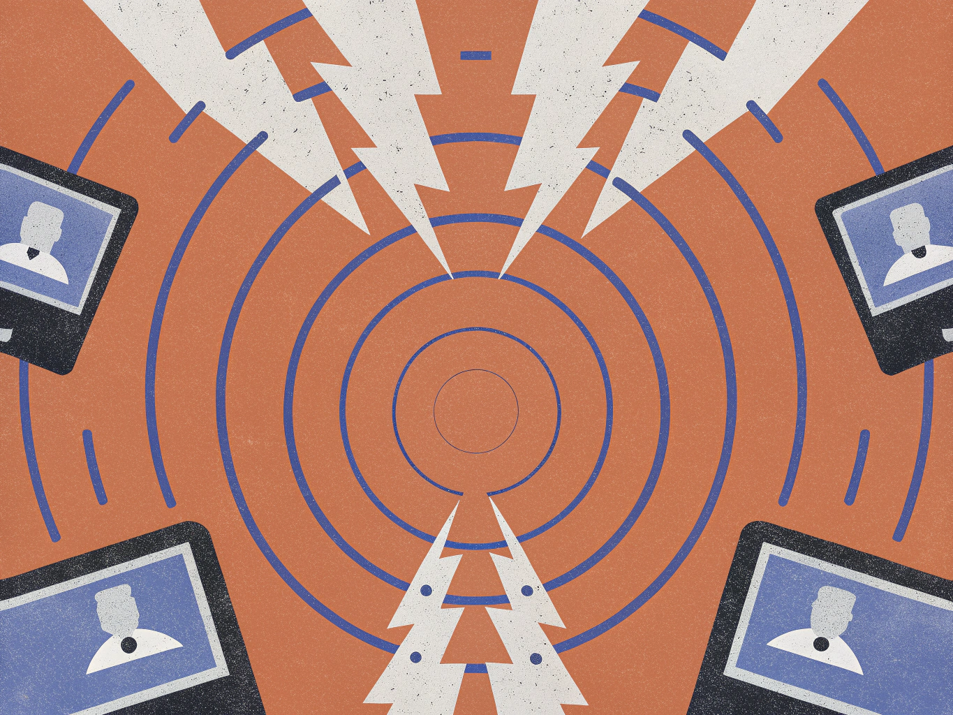 Abstract design with a central blue target surrounded by four screens showing person silhouettes. White lightning bolts point inwards from top and bottom, on a textured orange background.