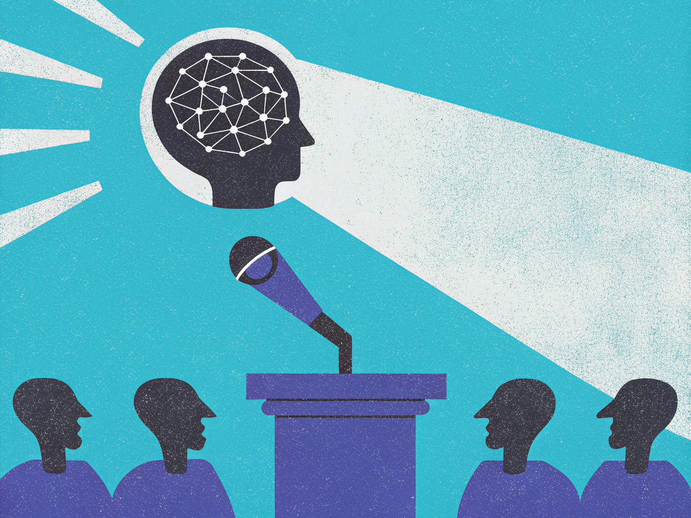 Illustration of a speaker's silhouette with a bright, interconnected network inside their head, standing at a podium with a microphone. A beam of light emanates from the speaker's head, illuminating an audience of other silhouettes.