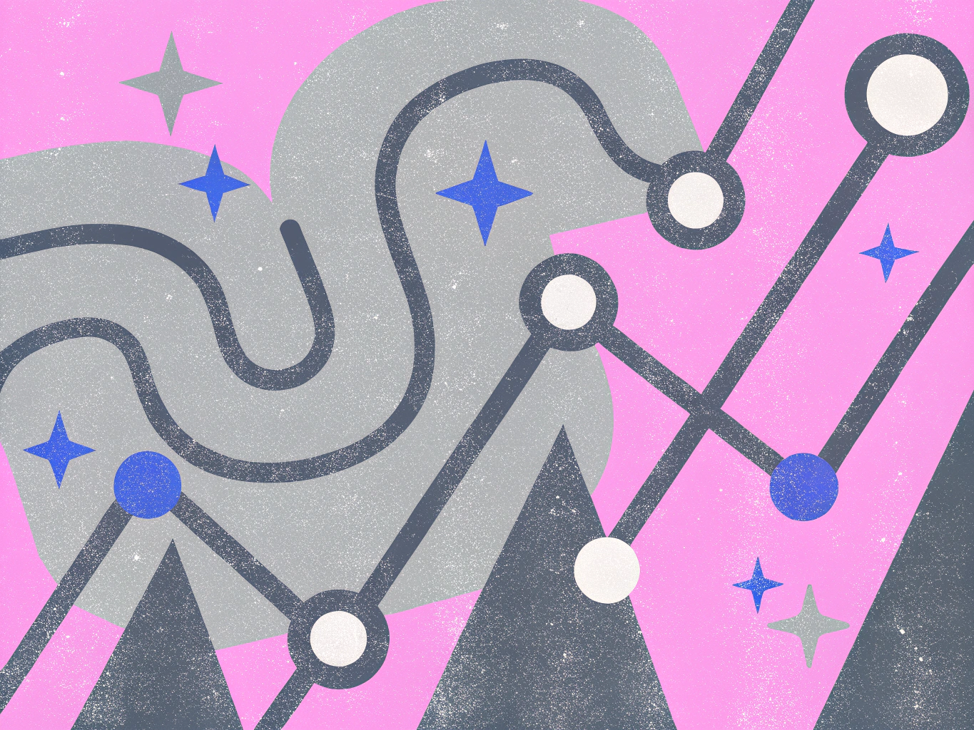 Abstract illustration on a pink background featuring grey wavy shapes, dark grey triangular peaks, a network of intersecting lines with white and blue circular nodes, and scattered blue and grey stars.