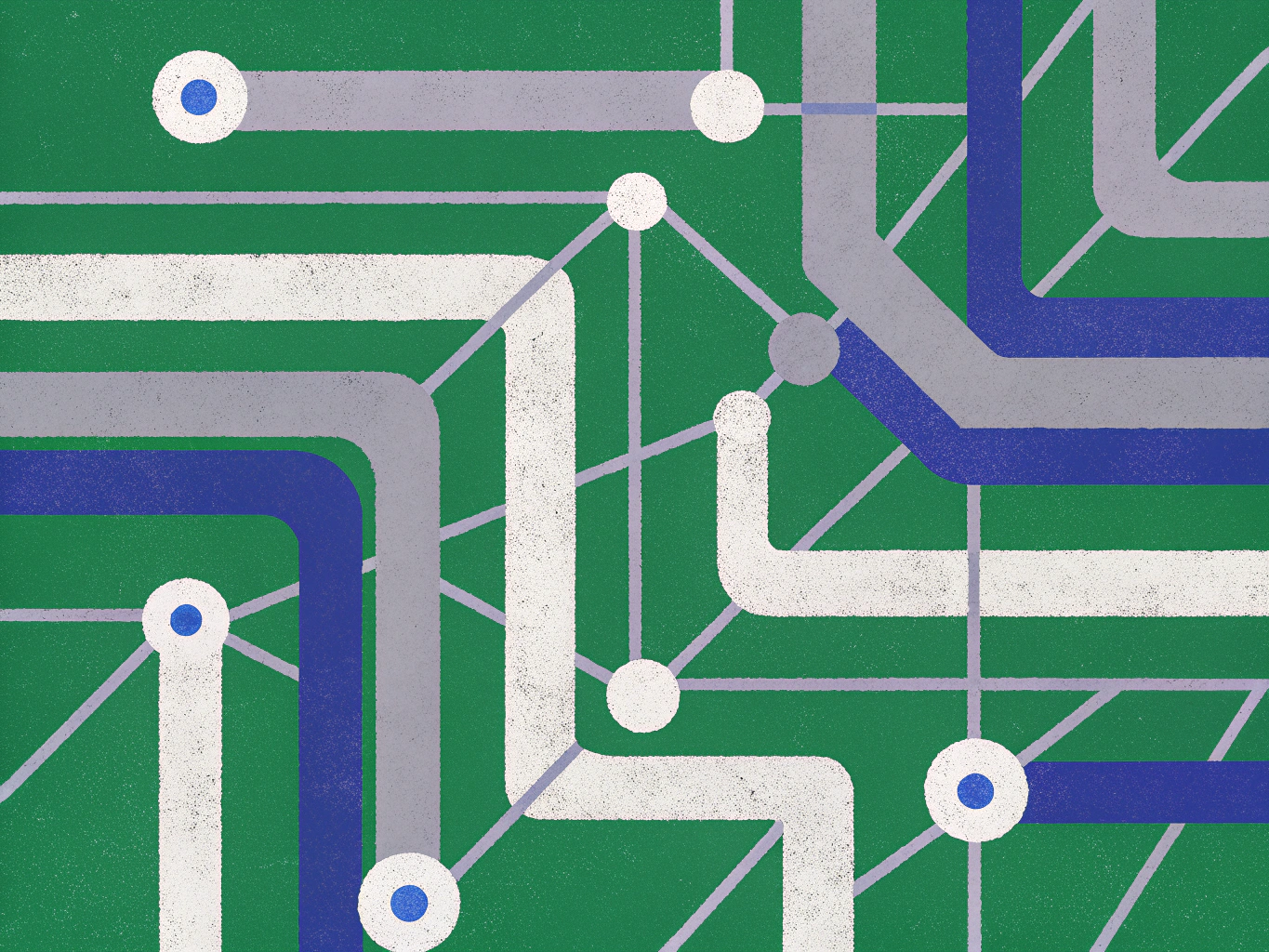 Abstract network design on a green background, featuring thick curving and straight lines in white, grey, and blue, connected by thinner grey lines. White and grey circular nodes are placed at intersections, some with blue centers.