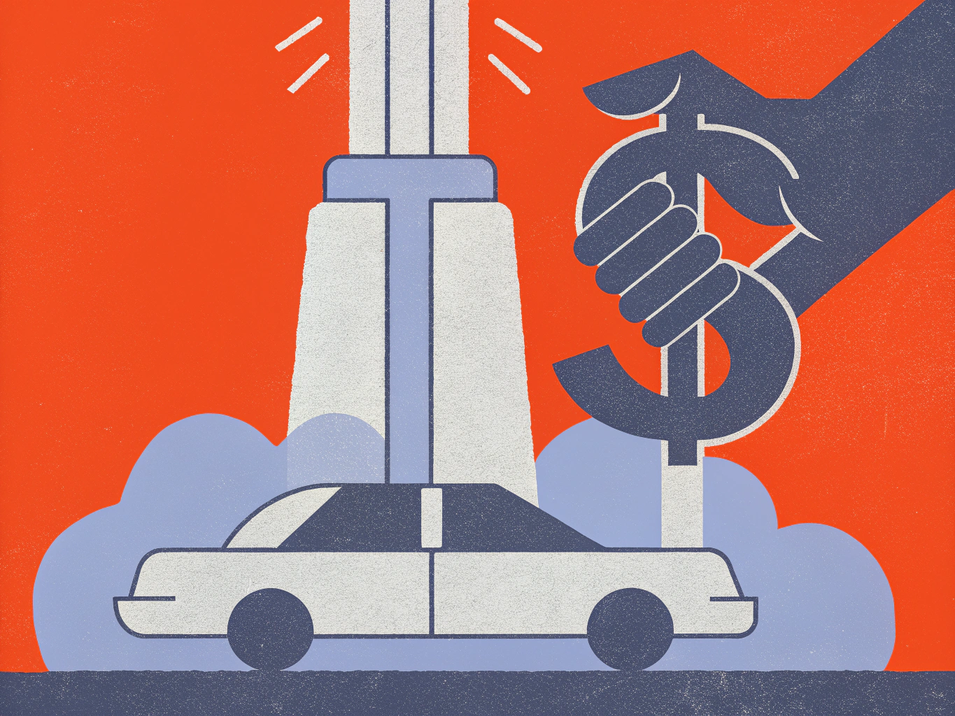 White car with blue clouds, beneath a tall pillar and a large hand holding a dollar sign, against an orange background.