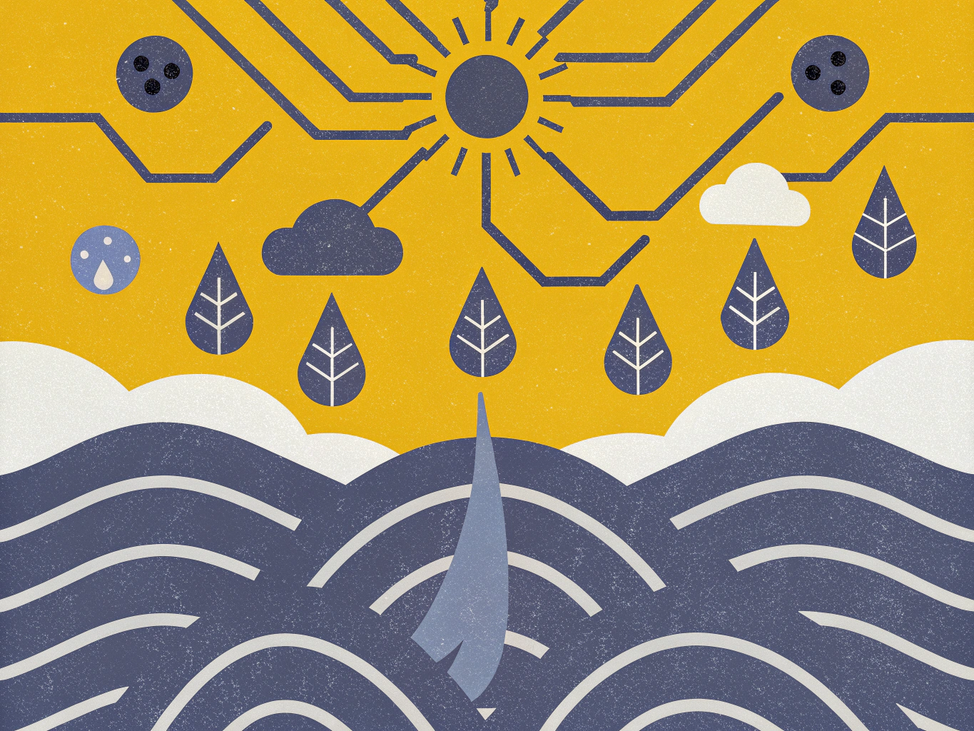 Stylized illustration combining nature and technology, featuring a sun with radiating circuit lines, clouds, leaf-shaped raindrops, and wavy water with a rising plant shoot.