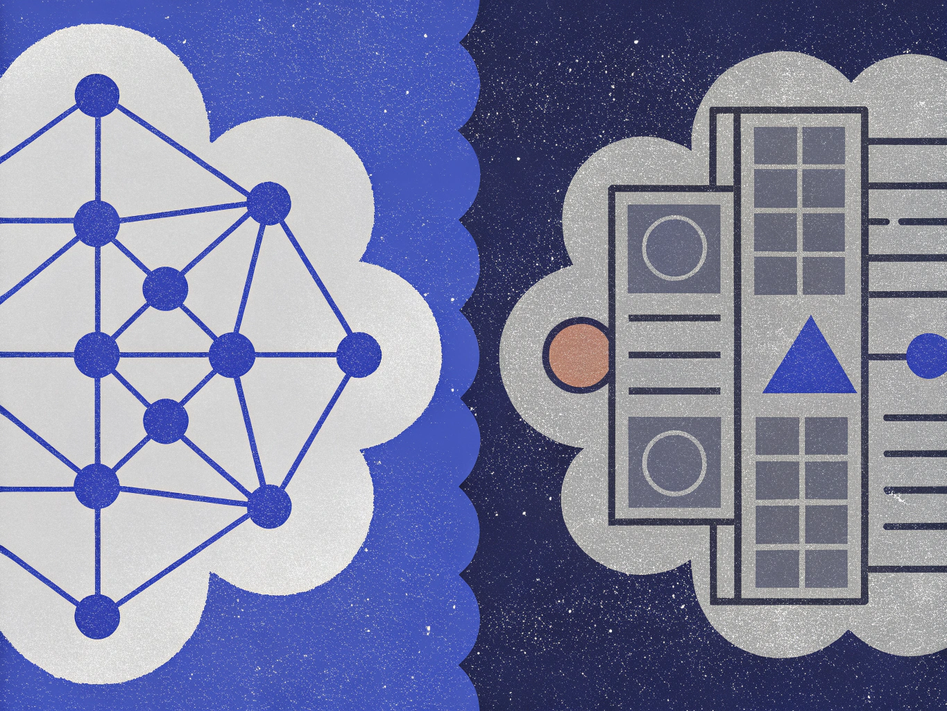 Illustration of two cloud shapes separated by a wavy line. The left cloud shows a network of interconnected blue dots, and the right cloud depicts abstract server rack or data center elements.