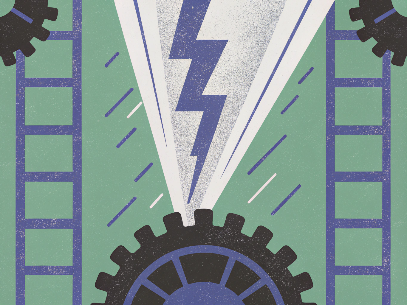 Stylized illustration of a blue lightning bolt emanating from a dark blue gear, flanked by vertical film strip borders on a textured green background.