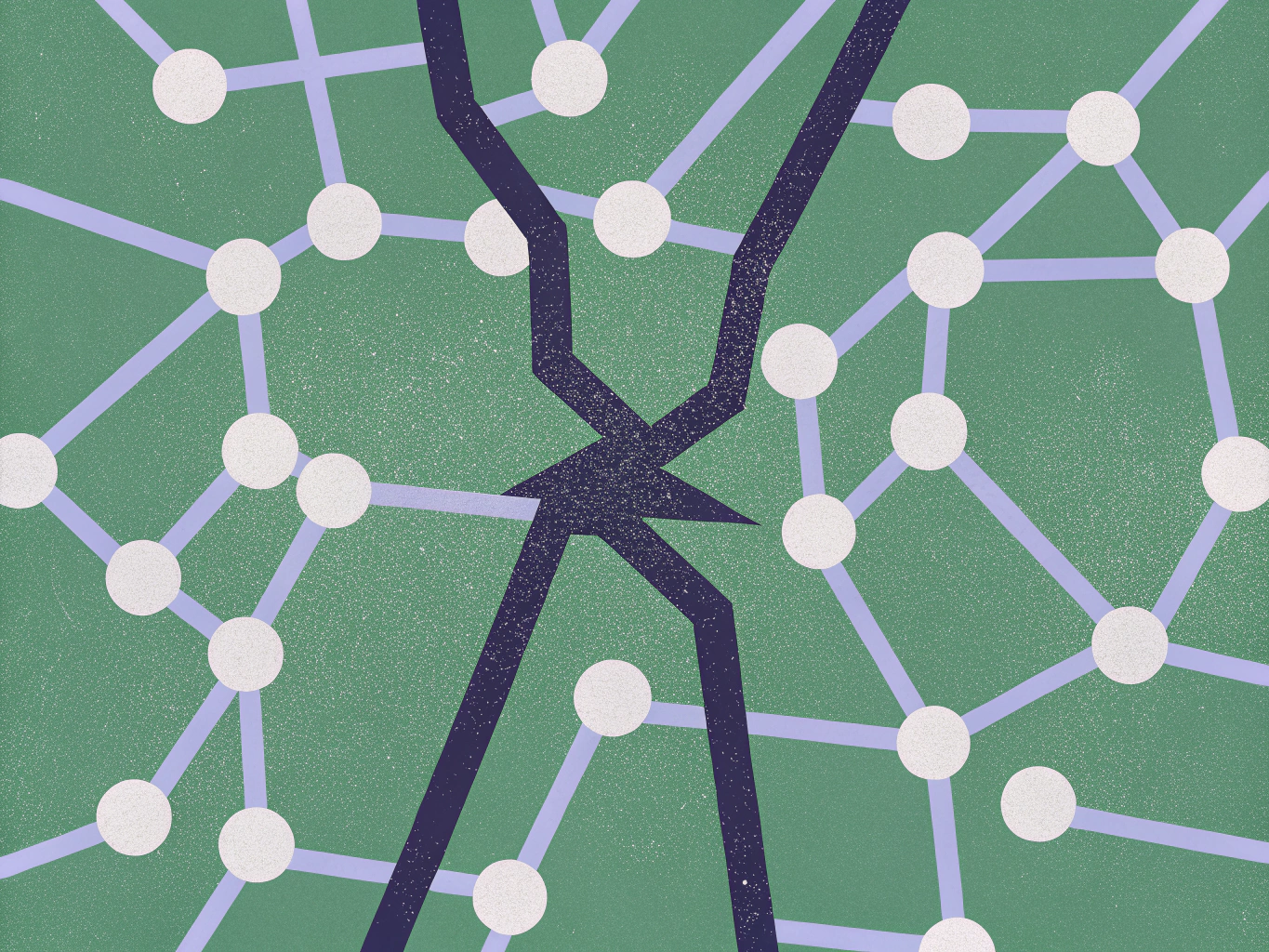 Abstract illustration of a network with white nodes connected by light purple lines on a green speckled background, split by two intersecting, jagged dark purple lines.