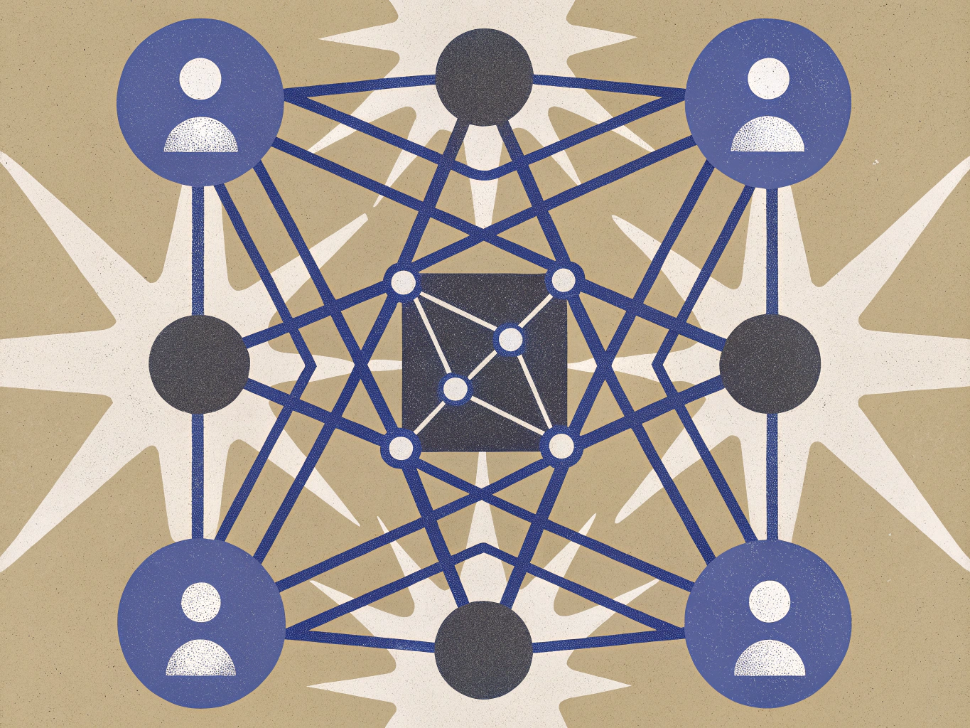 A network diagram with blue lines connecting four blue circles (each with a white user icon) at the corners, four dark gray circles between them, and a central dark square containing smaller interconnected white nodes, all on a tan background.