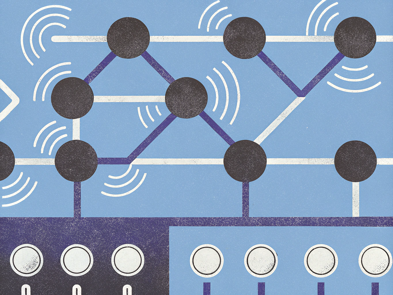 Abstract blue network diagram with dark circular nodes, white and purple connecting lines, wireless signal icons, and a control panel at the bottom.