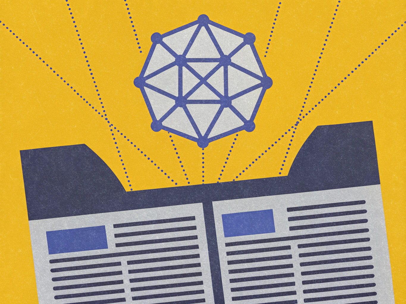 Geometric network structure emitting dotted lines towards an open document with text.