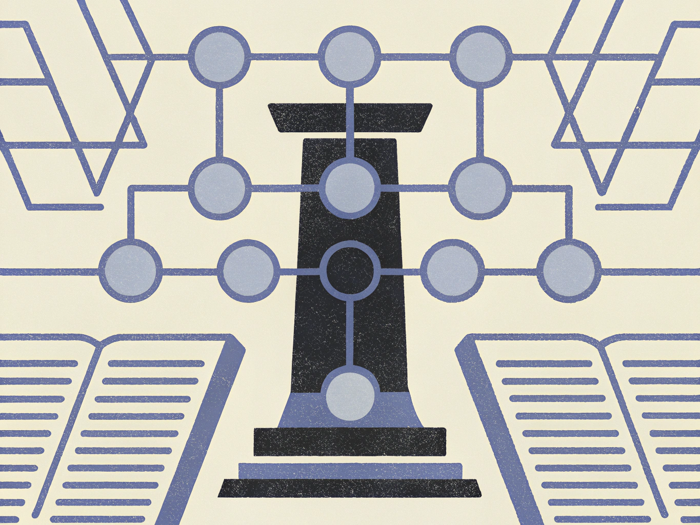 Abstract illustration featuring a dark central structure connected by blue lines to a network of blue circular nodes. Open books are at the bottom, and geometric blue patterns are in the upper corners.