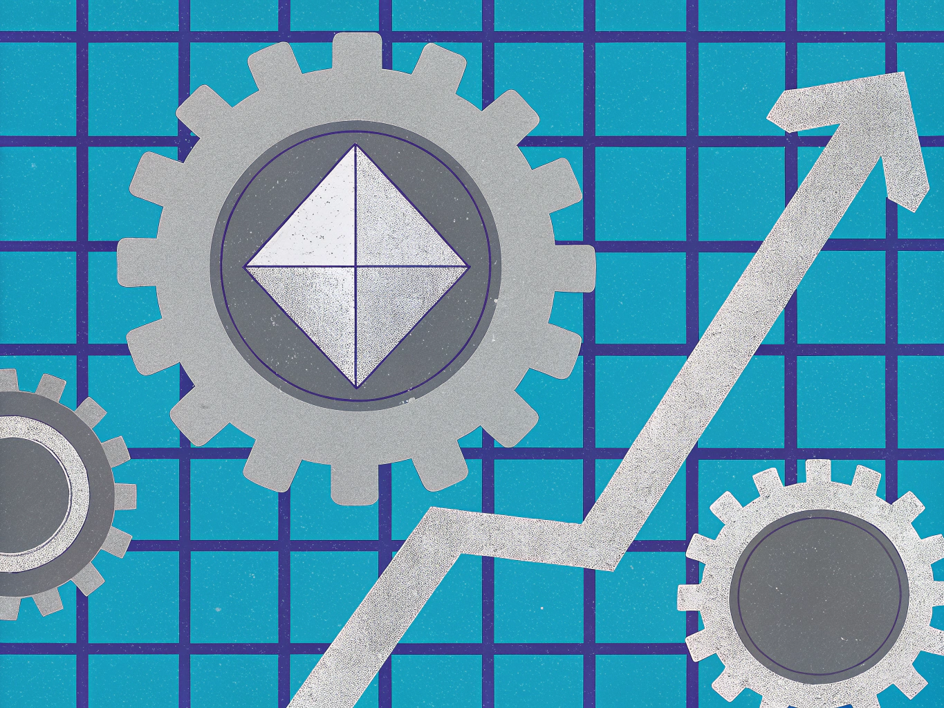 An illustration of grey gears and a large upward-pointing arrow on a blue grid background.