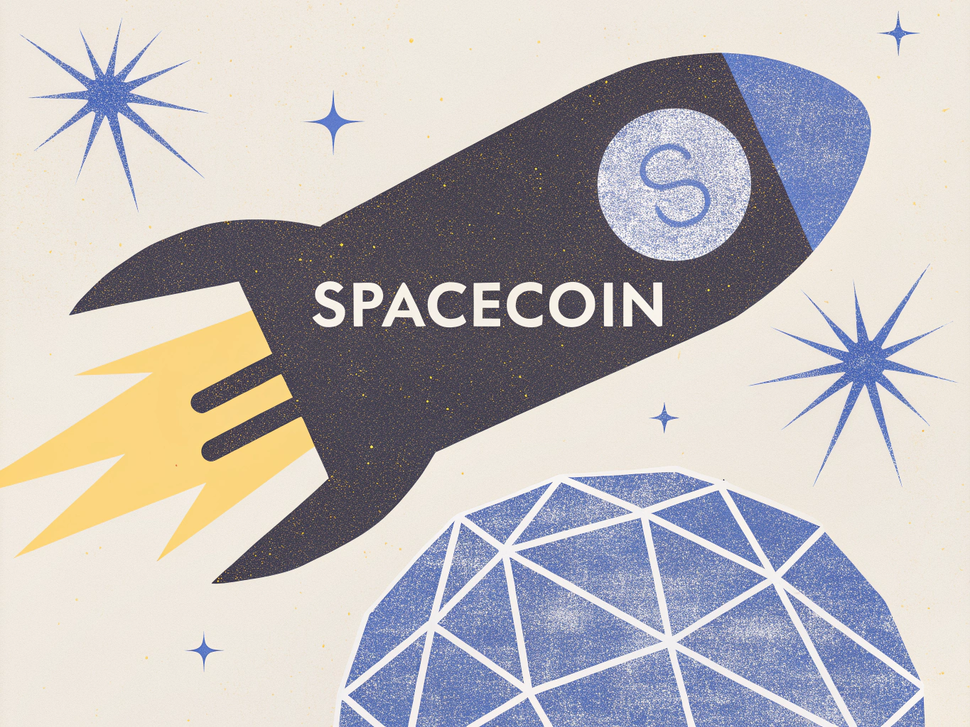 Retro illustration of a dark blue rocket labeled "SPACECOIN" with an 'S' logo, flying past a geometric blue planet and stars.