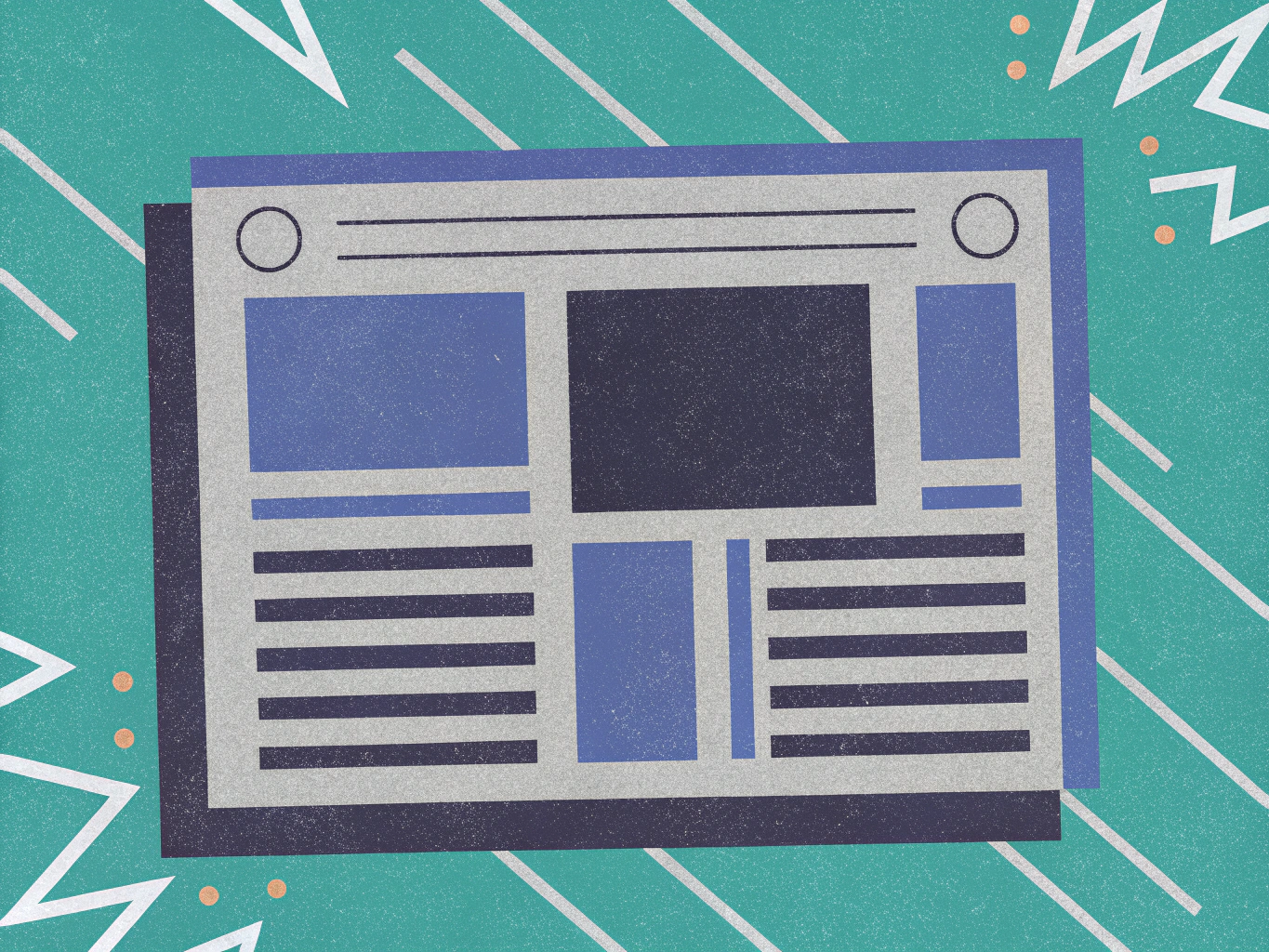 Stylized graphic of a newspaper or webpage layout with abstract blue content blocks, set against a retro teal background with geometric patterns.