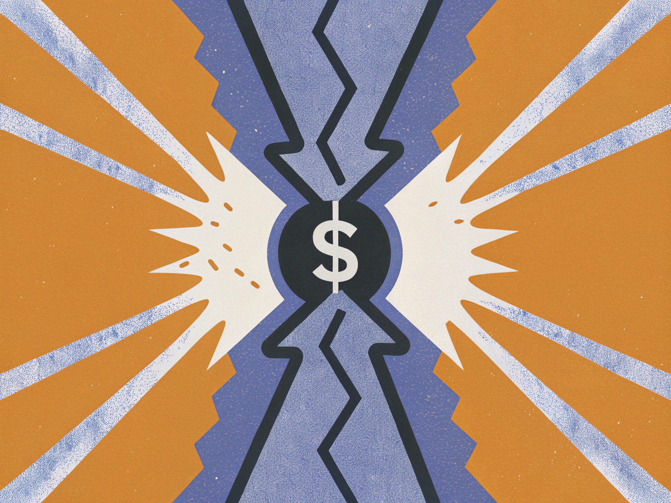 A dollar sign at the center, with opposing purple lightning bolts converging from top and bottom, and orange radial bursts with jagged white edges from the sides, symbolizing financial tension.