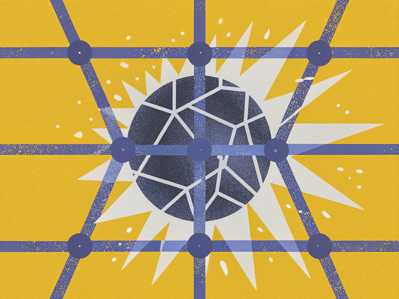 Abstract illustration of a dark blue cracked sphere with a white starburst effect, overlaid by a blue grid network with nodes, on a grainy yellow background.