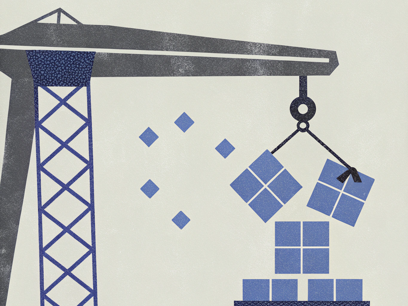 Stylized illustration of a grey crane lifting blue square blocks, with more blocks stacked on a base and small blue diamond shapes scattered in the background.