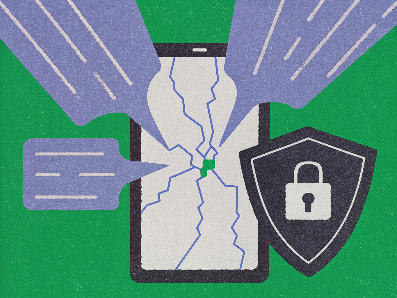 Cracked smartphone screen radiating from a green center, with two speech bubbles containing text lines on the left and a security shield with a padlock on the right.