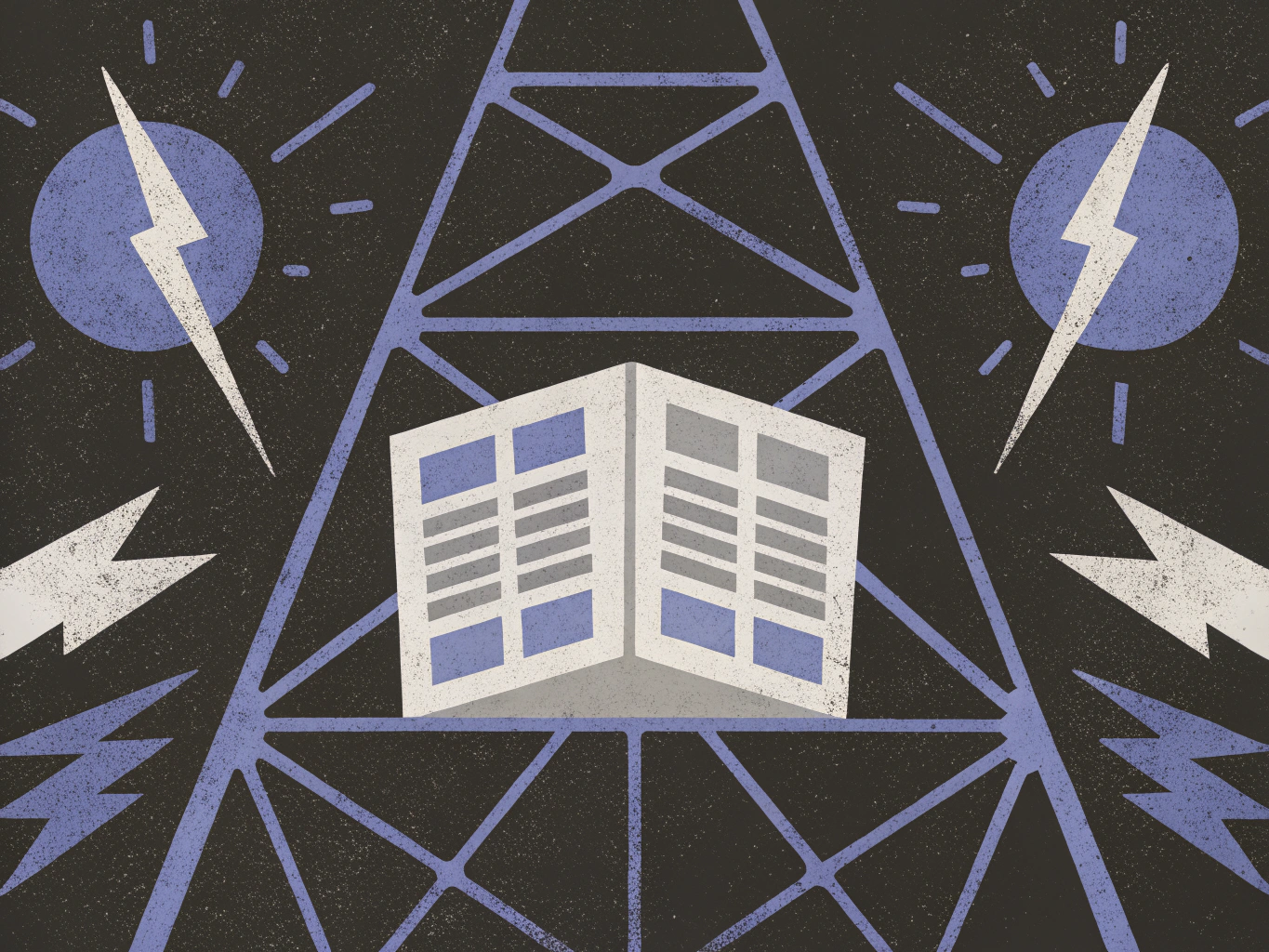 Illustration of an open newspaper set against a blue communication tower, flanked by lightning bolts and radiating signal bursts.