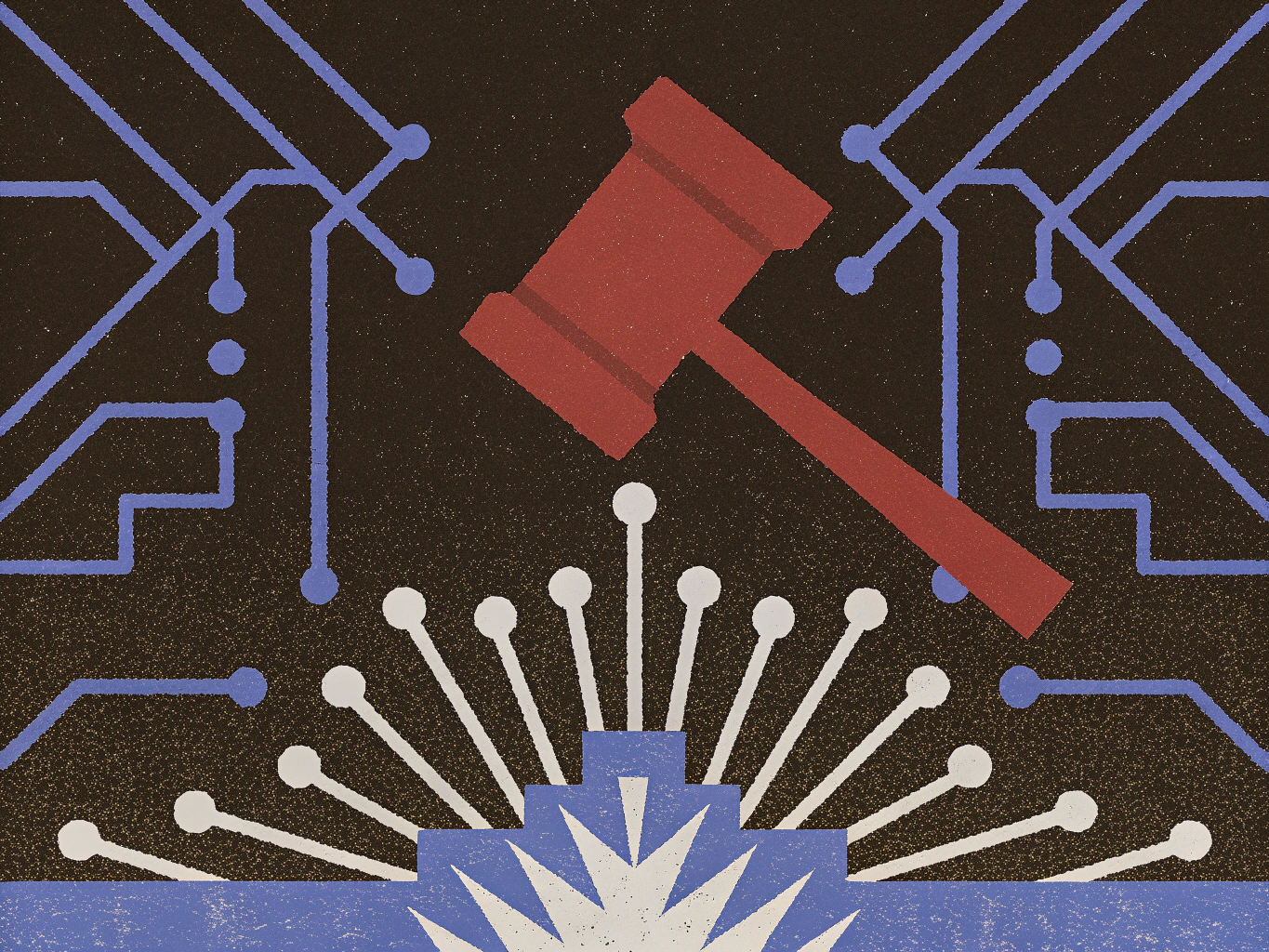 Red gavel above a central radiating white and blue design, surrounded by blue circuit lines on a dark background.