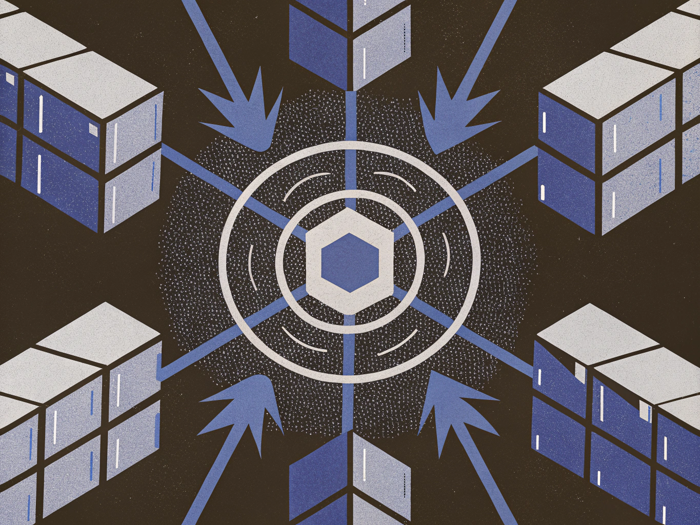 Abstract illustration of a central hexagon within concentric circles, receiving input via blue arrows from six surrounding rectangular server-like units. The background is dark and textured.