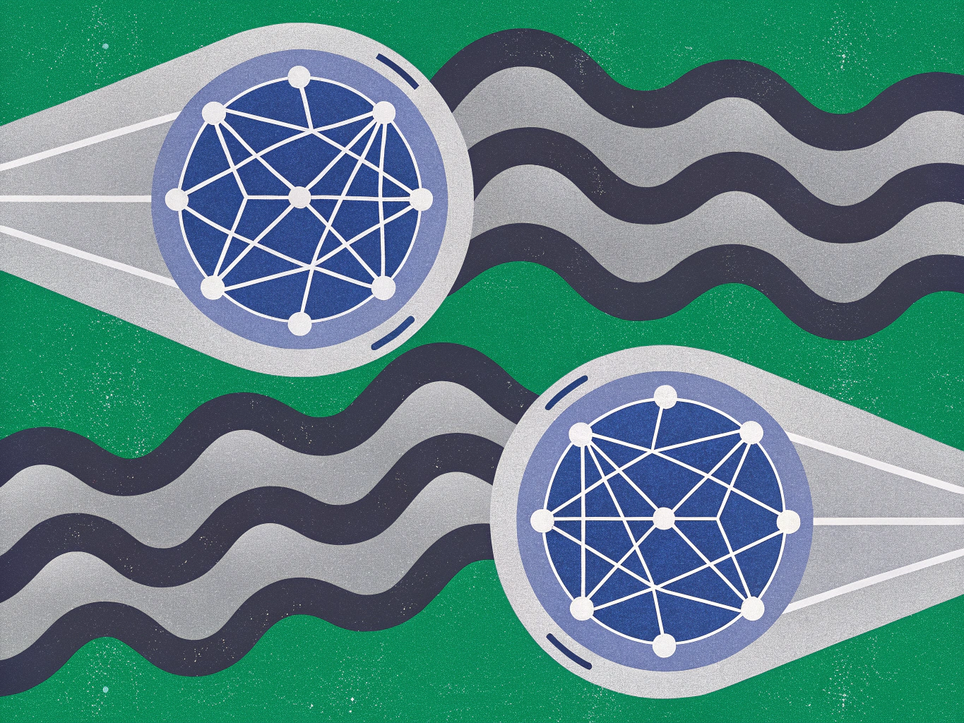 Two stylized network nodes, each with a blue sphere showing interconnected white dots, connected by wavy grey lines on a green background.