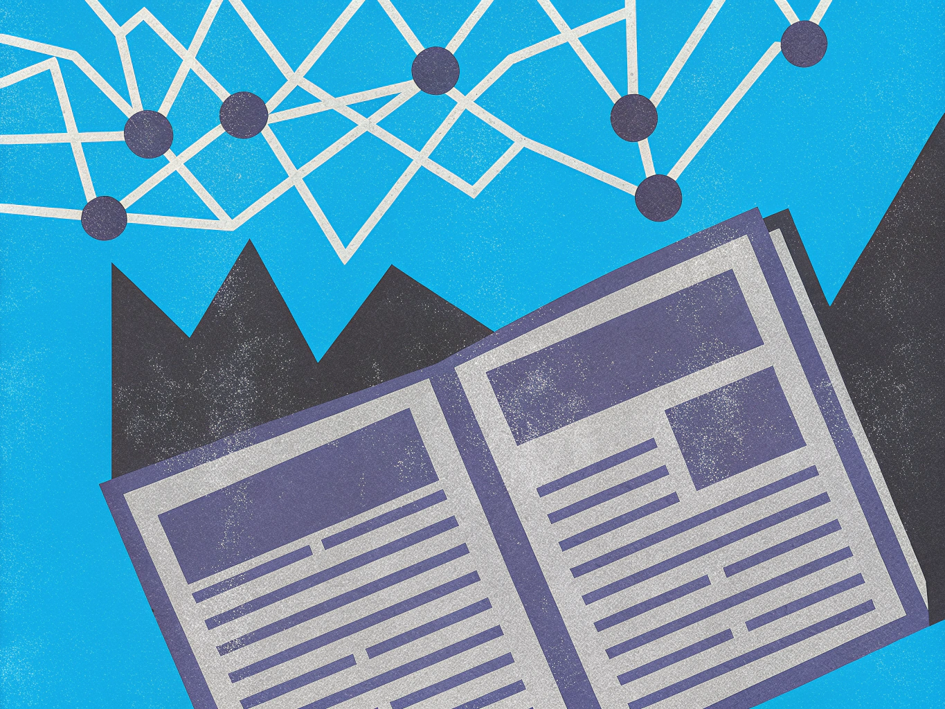 Abstract illustration of an open newspaper with text blocks, overlaid on dark gray jagged shapes and a white network graph against a blue background.