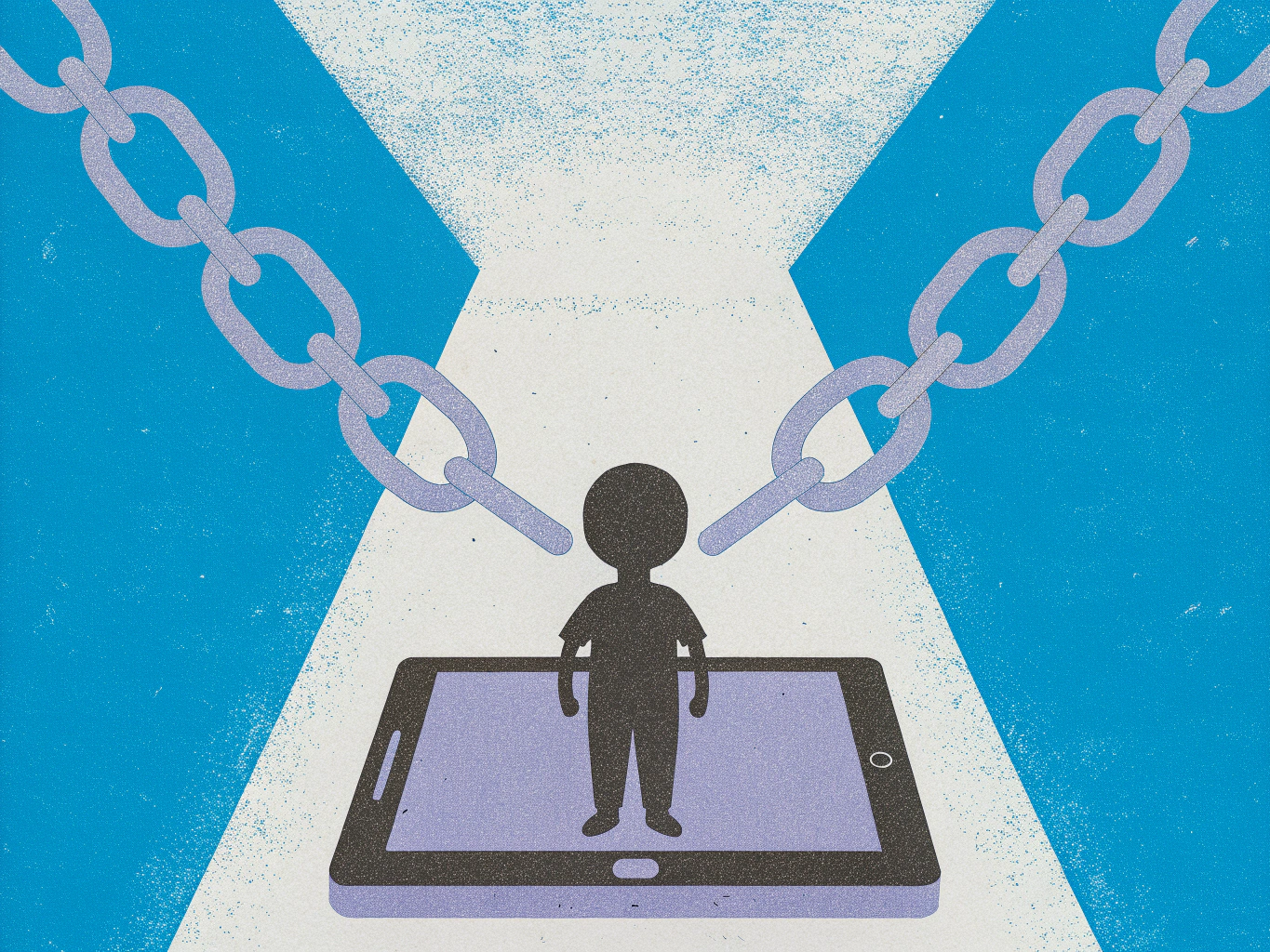 Silhouette of a child standing on a tablet, with two chains hanging down towards them.