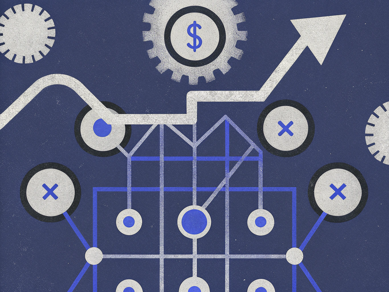 Abstract illustration on a dark blue background showing a white line graph trending upwards with an arrow, a gear with a dollar sign, and a network of interconnected circular nodes, some marked with an X.